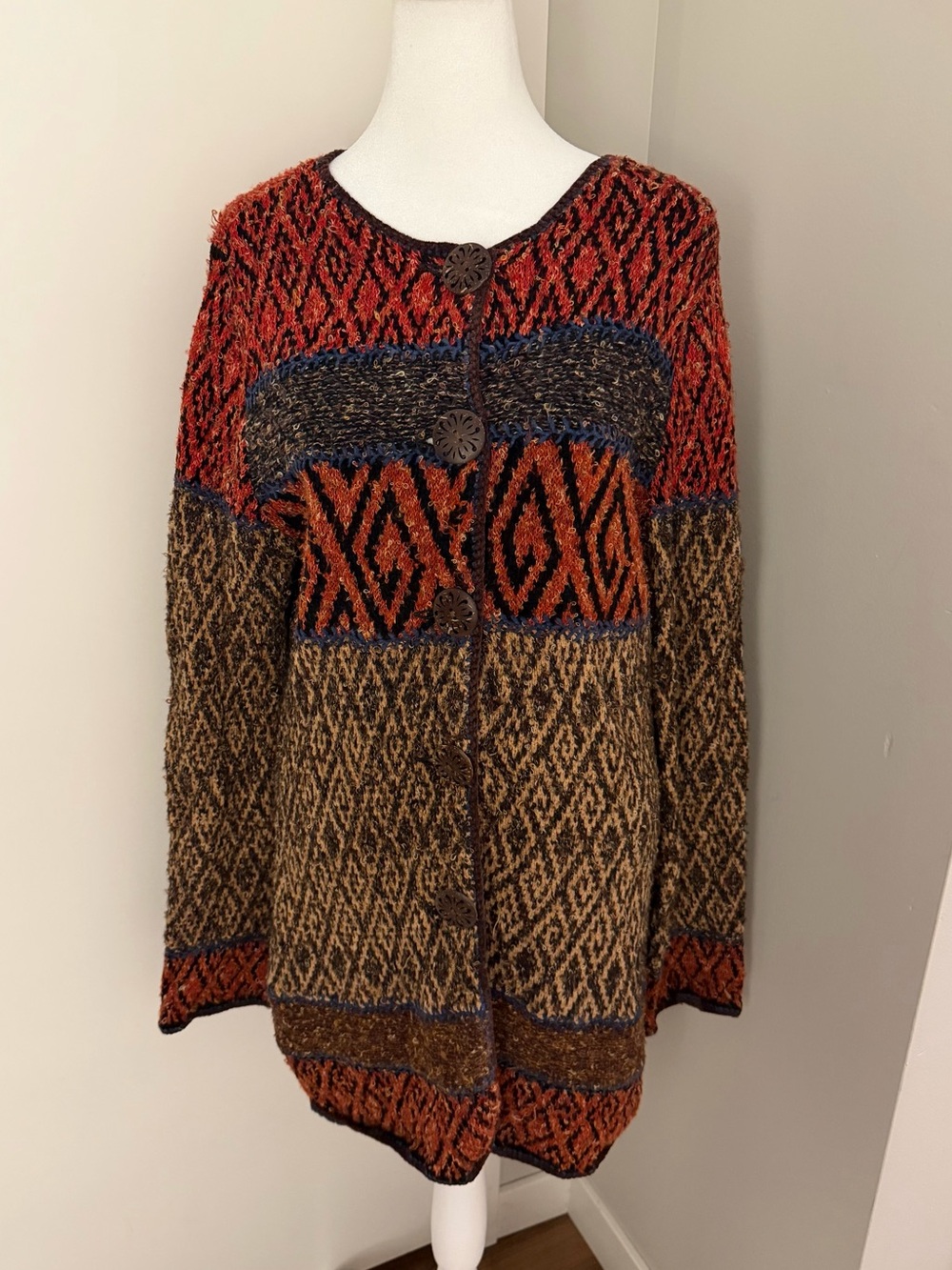 Coldwater Creek Rust, Brown & Blue Patterned Button Cardigan Geometric Nordic